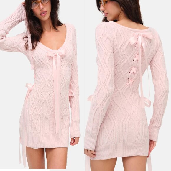 NEW FOR LOVE AND LEMONS CHENILLE CABLE KNIT PINK MINI DRESS SIZE S - Picture 2 of 12